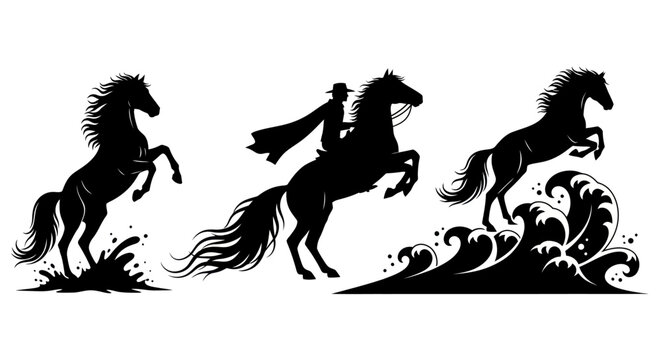 Three black horse silhouettes rearing ocean.