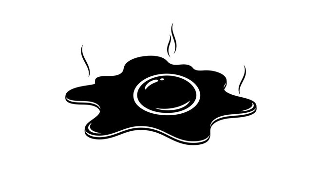 A black puddle of liquid with steam rising from it on a white background