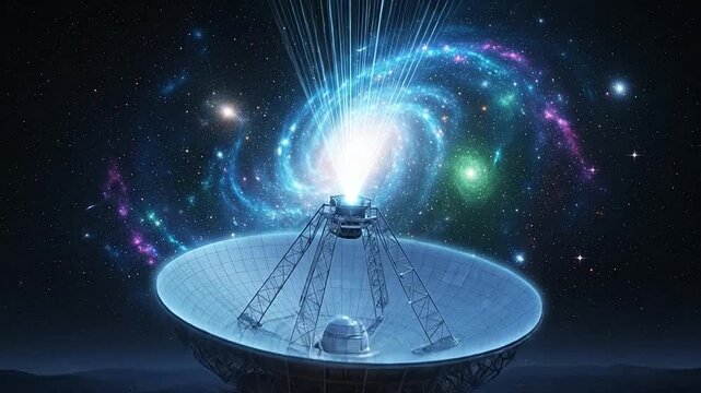 A large radio telescope is pointed towards the colorful, swirling in the night sky
