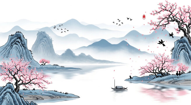 Traditional Asian Landscape with Cherry Blossom Trees Mountains Lake Boat and Misty Nature Scenery Oriental Ink Style Illustration