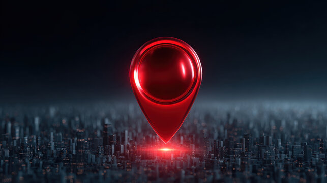 Glowing red location marker over dark cityscape, 3d render of navigation pin with futuristic light and blurred urban map