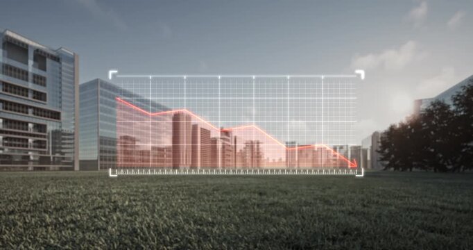 3D rendering of economic downturn concept in modern urban landscape. Dynamic decreasing graph with red downward arrow overlays vacant land surrounded by high-rise buildings and a bright sky.