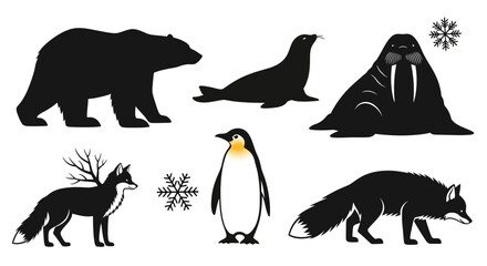 Black silhouettes of Arctic animals group. © tri
