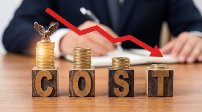 Cost reduction concept with coins and downward arrow financial business management idea