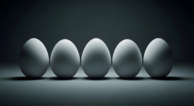 Five white eggs in a row dramatic lighting minimalist still life