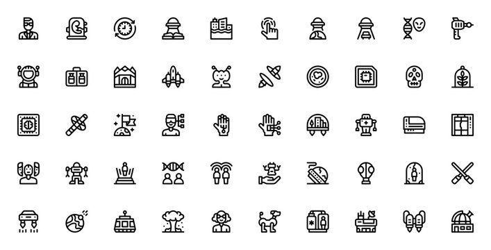 Science Fiction 2033 icon set. Futuristic vector icons including alien, cyborg, time travel, hologram, space station, robot, AI and more. Editable stroke.