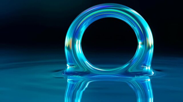 Abstract blue glass ring water with reflection and dark background, calm water ripple blue abstract background with smooth wave and dark copy space, water droplet liquid blue transparent circle