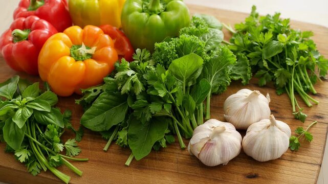Vibrant Assortment of Fresh Produce Vegetables Peppers and Herbs for Gourmet Home Cooking and Healthy Meal Prep Inspiration