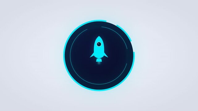 A minimalist design featuring a rocket emerging from a circular interface with glowing edges