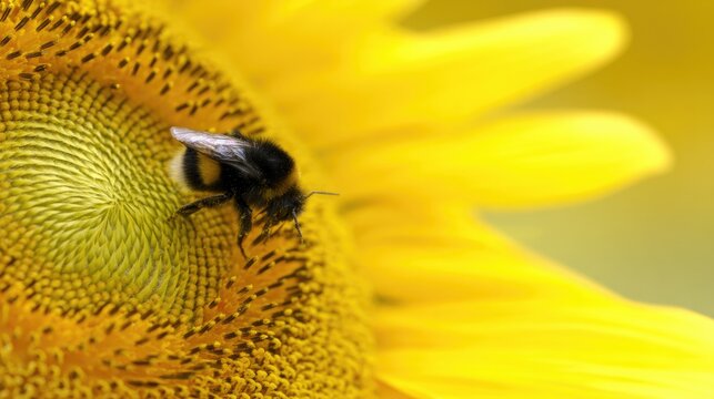 voracity. A bumblebee resting on a sunflower in soft morning light. wildlife magazines, conservation campaigns, designed for wildlife conservation campaigns, promotes animal welfare.