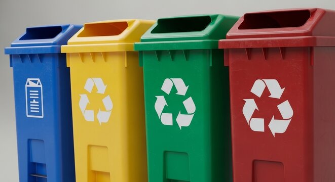 Green, yellow, blue, red recycling bin in a park used for eco-friendly waste disposal