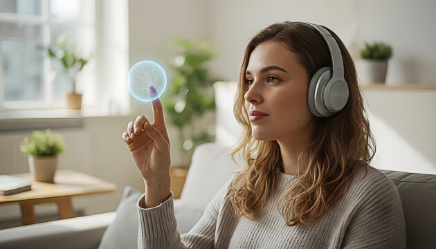 Woman with Headphones Interacting with Digital Hologram Sphere