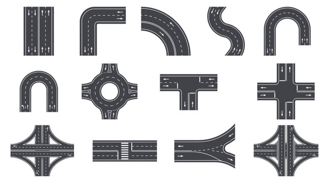Top view collection of asphalt road map elements including intersections junctions and curves with white markings, concept for city infrastructure planning traffic management and urban navigation