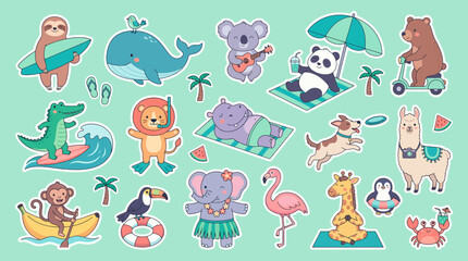 Fototapeta premium Collection of cute cartoon animal stickers featuring summer activities like surfing and yoga on mint background, concept for children scrapbook, nursery decor and travel theme stationery
