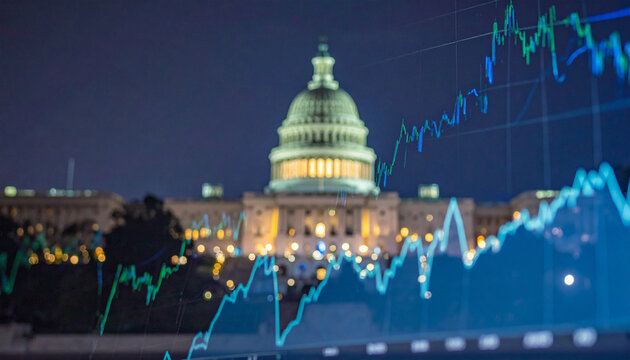 US Capitol Building Illuminated at Night with Financial Stock Market Graphs Overlayed Showing Fluctuating Data Trends