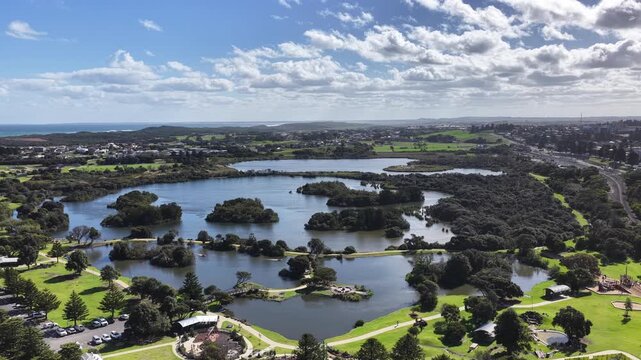 E Johnson Reserve, Warrnambool, Victoria, Australia: 4K aerial drone footage of coastal town, wetlands, and urban landscape