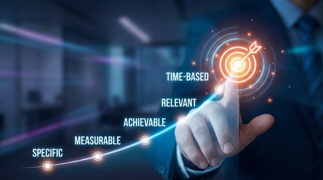 Smart goals strategy concept with target icon and business planning digital dashboard
