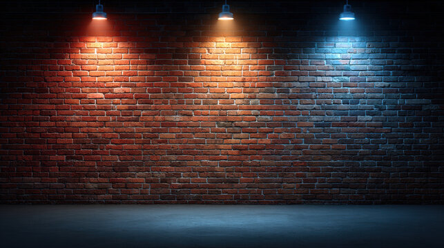 Weathered red brick wall dim interior studio colorful spotlight empty room dark floor textured background urban backdrop moody lighting industrial interior rustic surface