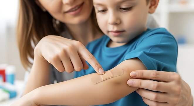After mother applying adhesive plaster bandage on childen kid arm wound he point finger to adhesive plaster, medicine care