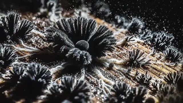 Detailed macro shot of dark fuzzy mold and intricate organic fungi growth spreading across a textured surface, highlighting the complex biological structures and scientific beauty
