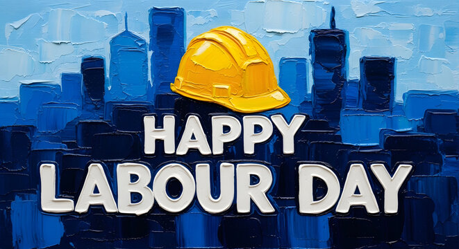 Yellow hard hat with Happy Labour Day text over cityscape