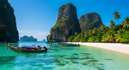 Obraz premium Serene tropical beach with longtail boats on clear turquoise water, majestic limestone cliffs, and lush palm trees, an idyllic island getaway