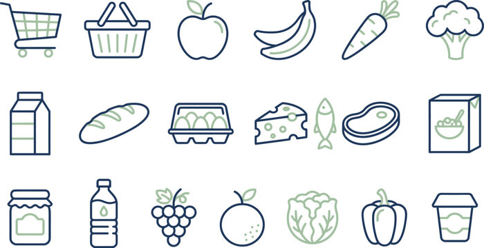 A diverse collection of modern two-tone line art icons depicting various popular grocery store items and shopping essentials.