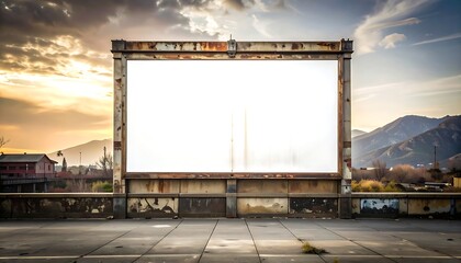 Obraz premium A large, blank billboard overlooks a city with mountains