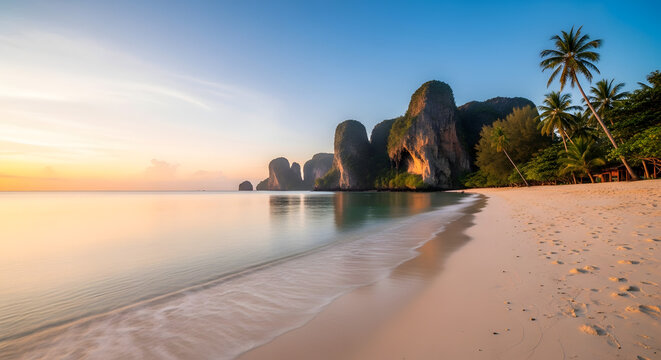 Tropical beach paradise at sunrise with palm trees and limestone cliffs, Krabi, Thailand