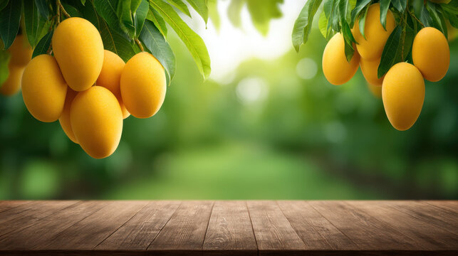 Mango orchard with ripe fruit green tree sunny garden blurred background wooden table fresh harvest tropical farm natural light summer scene