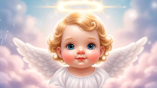 Cute baby toddler angel with golden halo and wings, flying happy in clouds and sky. Christmas, Easter or religious graphic.