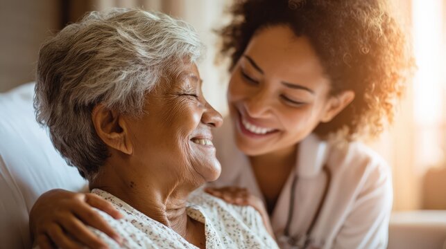 Compassionate nurse comforting elderly patient in hospital room
