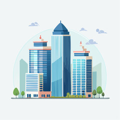Obraz premium Modern cityscape illustration with tall skyscrapers and lush green trees
