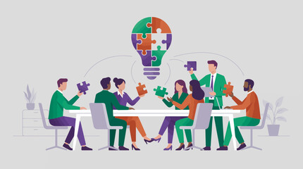 Fototapeta premium Project managers collaborating at a table to assemble puzzle pieces into a light bulb illustration, concept for creative brainstorming, corporate problem solving and team partnership