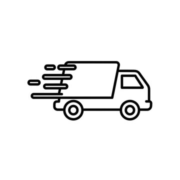 A speeding delivery truck drives quickly on the road with motion lines