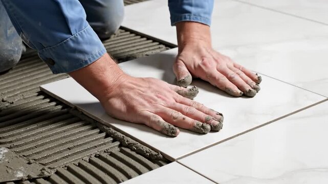 This shows a person installing tile flooring in a room, focusing on precise tile installation. The highlights the process of laying tile, showcasing the worker's skilled hands and tools as they