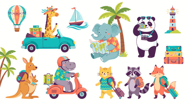 Cute cartoon animals including giraffe, elephant and panda traveling with suitcases and maps on white background, concept for children education, summer vacation and travel sticker designs