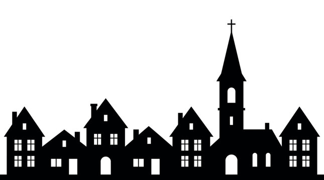 Black silhouette of a European town skyline with classic houses and a church steeple on a white background, concept for urban planning, travel illustration and real estate marketing