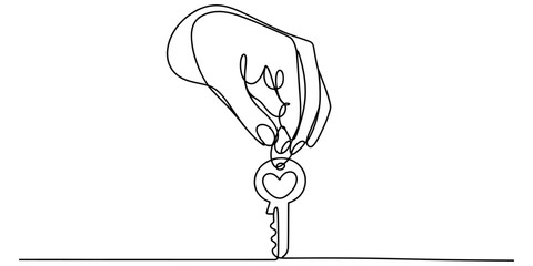 Continuous line art of a human hand holding a key with a small heart symbol shaped in the middle of the handle. Vector, illustration © RK Drawing Gallery