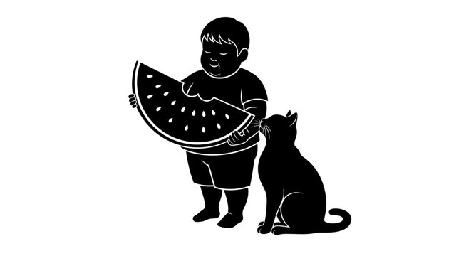 Child holding watermelon slice with cat, black and white illustration.