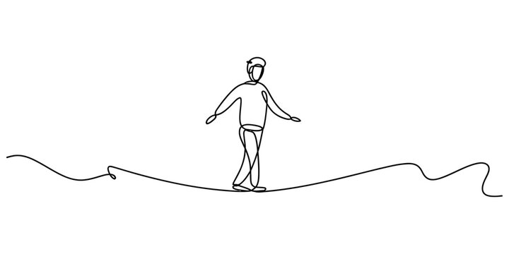 A single continuous line drawing of a person walking on a thin wavy rope representing balance and risk taking. Vector, illustration