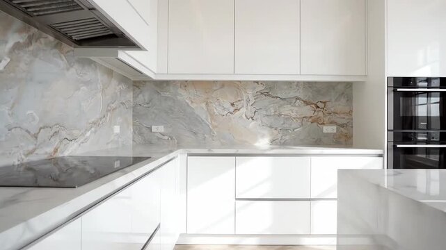 Modern luxury kitchen interior with marble backsplash white cabinets and built in oven