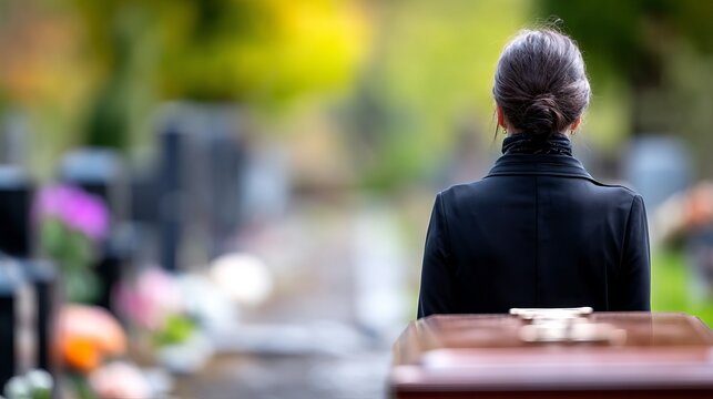 Woman in Black Attire Standing at the Edge of a Cemetery with Soft Focus Background