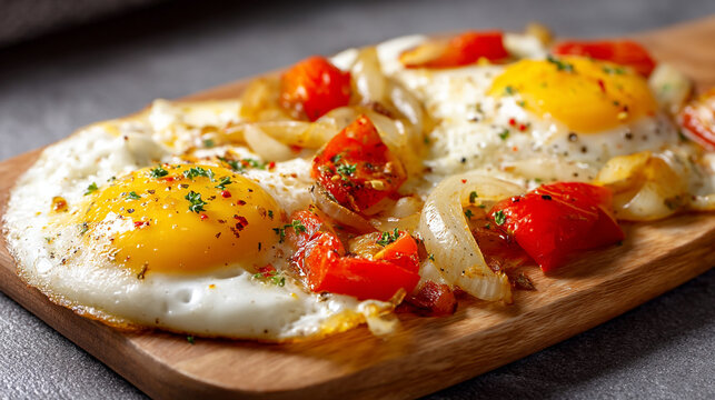 Fried eggs with blistered tomatoes and caramelized onions are served on a wooden board.