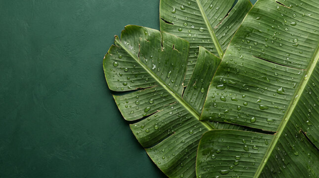 Banana Leaves Flat Lay with Water Drops Tropical Background