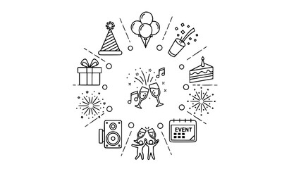 Fototapeta premium Circular party and celebration graphic design with hand drawn gift box party popper celebration circular