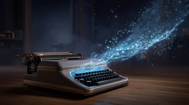 A vintage typewriter emits a stream of glowing digital particles, symbolizing creativity and the fusion of traditional and modern writing.