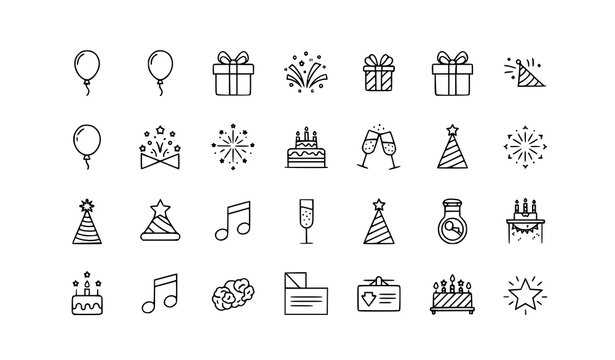 Birthday and celebration icon collection with hand drawn gift box party popper birthday celebration