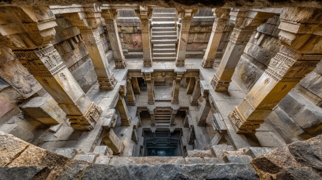 Elegant Stepwell Design with Geometric Terraces and Repeating Patterns