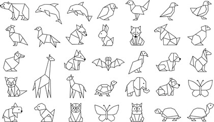 Fototapeta premium Origami Animal Collection: Bears, Birds, Turtles, and More in Simple Line Art